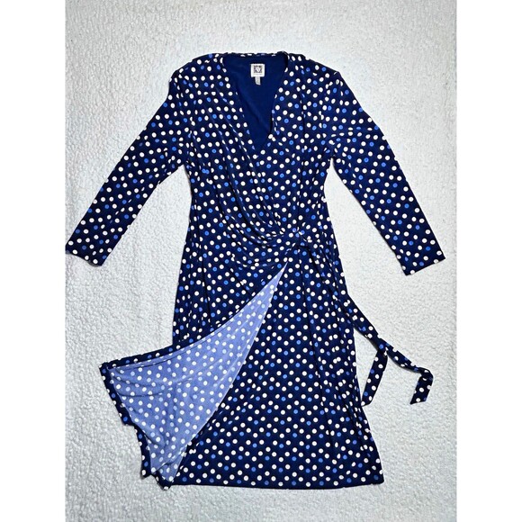 Anne Klein Dresses & Skirts - Anne Klein Womens Wrap Dress Size M Navy Blue White Polka DotFauxWrap LongSleeve